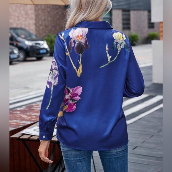 Blue Floral Satin Button Down Blouse - Picture 3 of 8